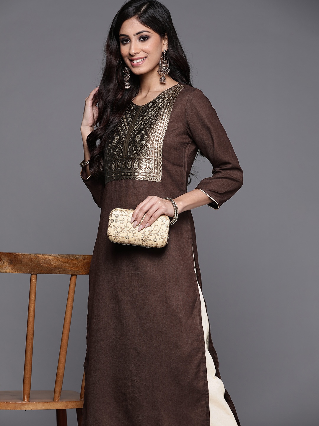 

Indo Era Women Brown & Golden Ethnic Motifs Yoke Design Kurta