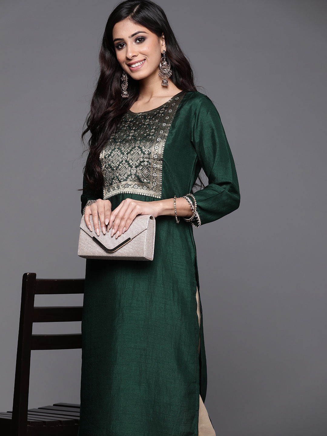 

Indo Era Women Green & Golden Ethnic Motifs Yoke Design Kurta