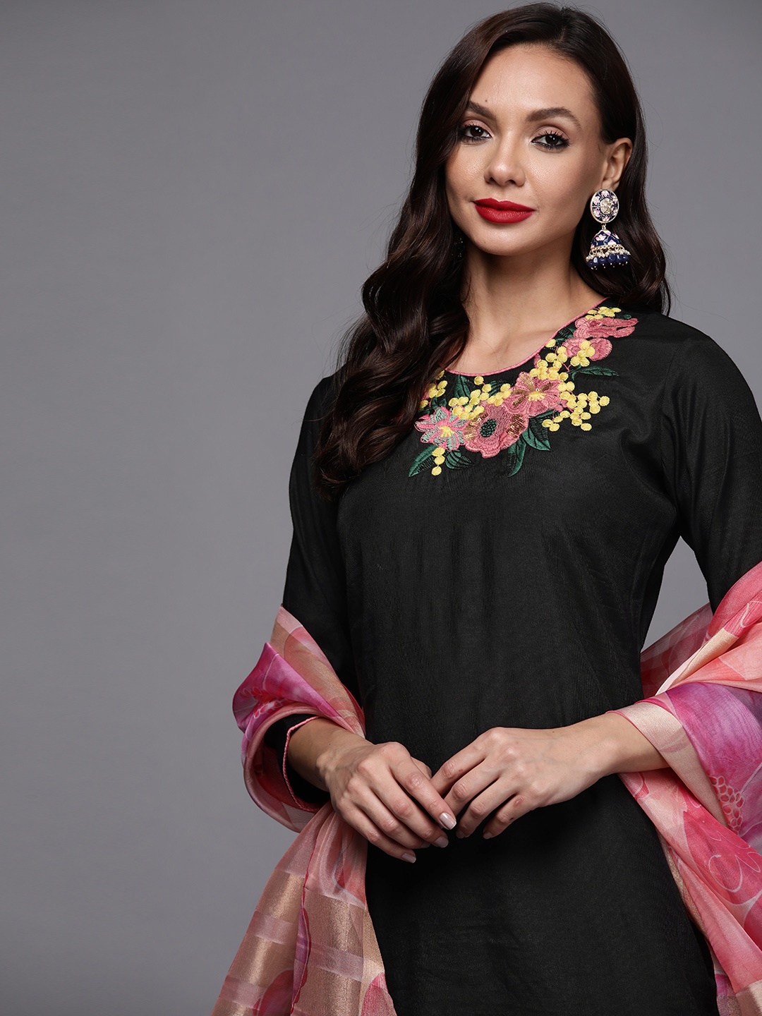 

Indo Era Women Black Embroidered Kurta with Palazzos & With Dupatta