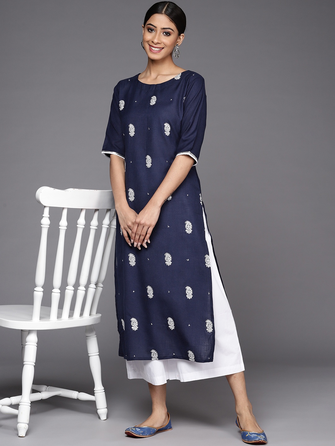 

Indo Era Women Navy Blue Ethnic Motifs Embroidered Kurta