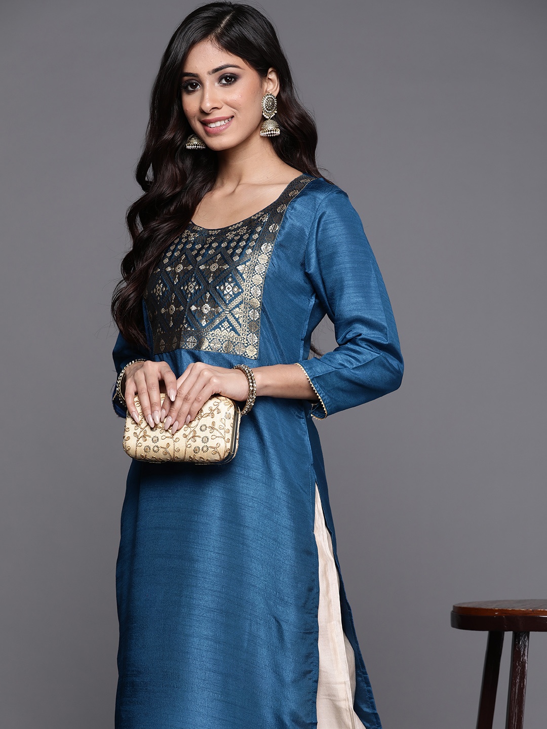 

Indo Era Women Blue & Golden Ethnic Motifs Yoke Design Kurta