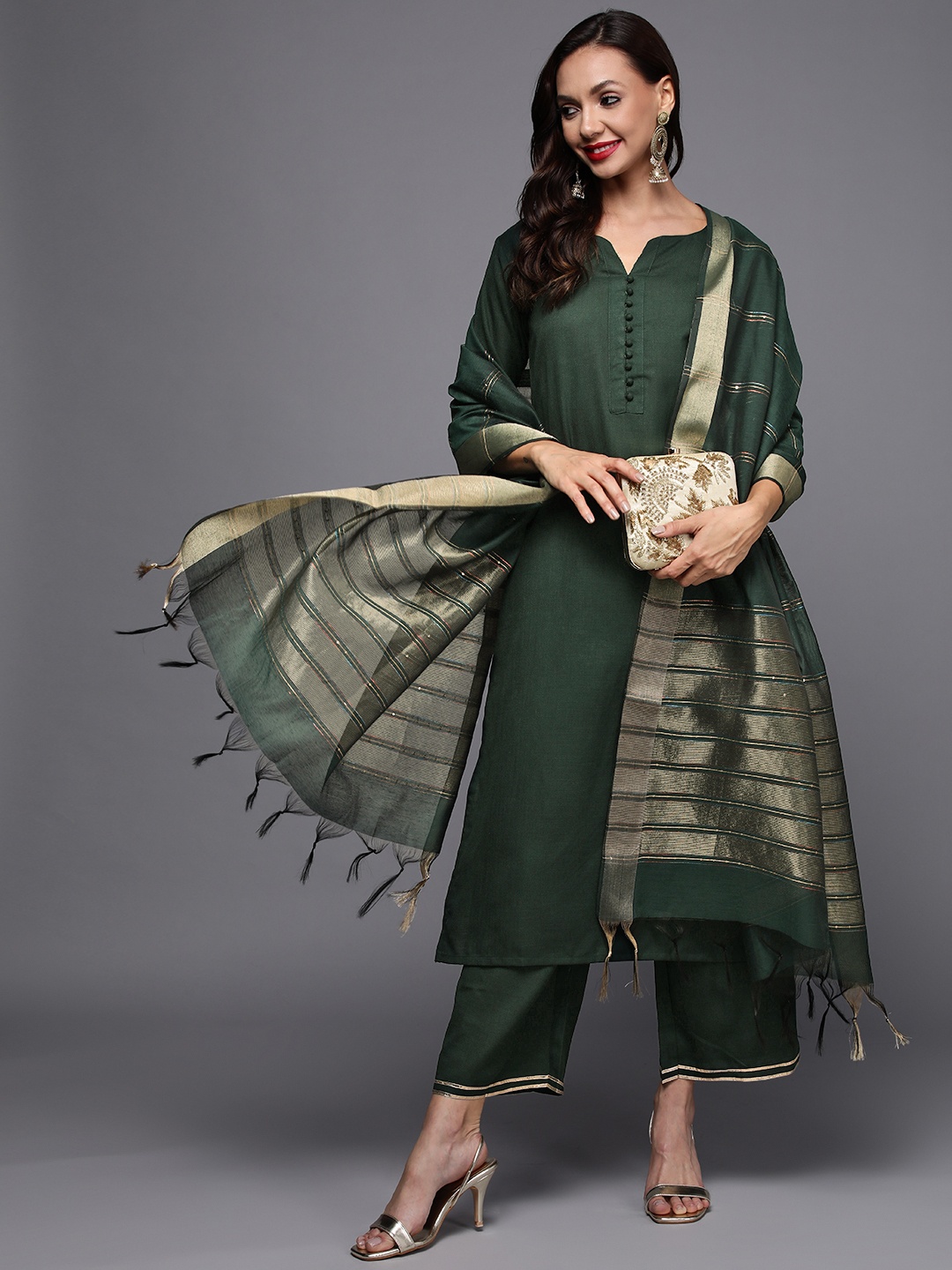 

Indo Era Women Green Solid Kurta with Palazzos & Dupatta