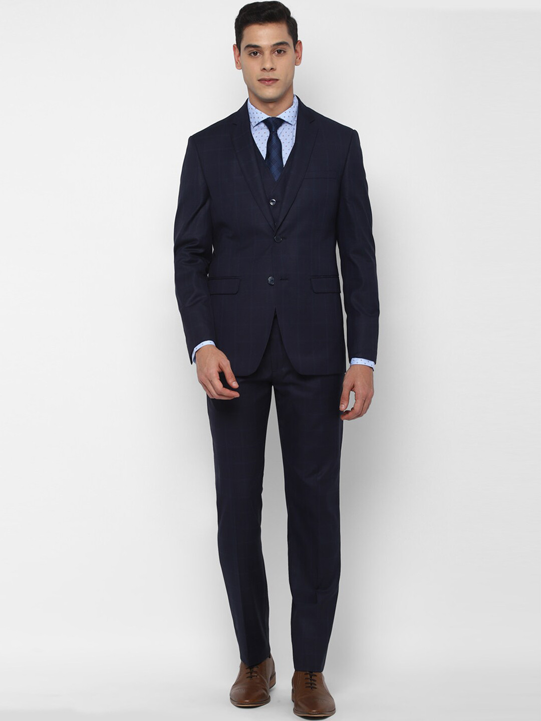 

Allen Solly Men Navy Blue Checked Single-Breasted 3-Piece Slim-Fit Suit