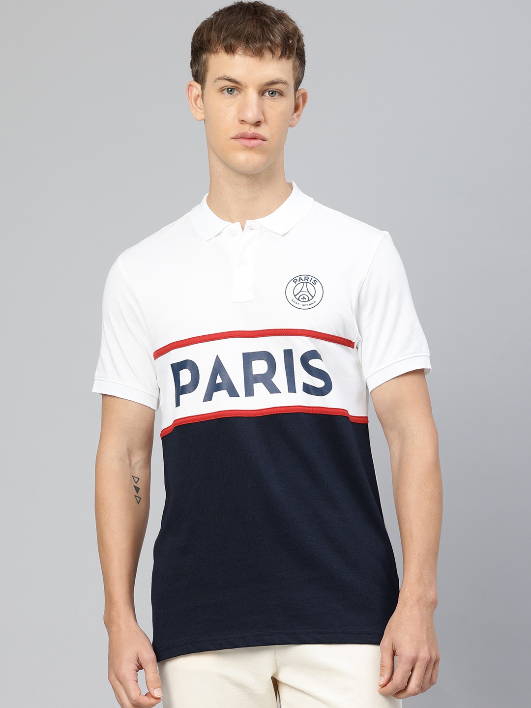 

PSG Men Paris Saint-Germain Colourblocked Polo Collar T-shirt, White