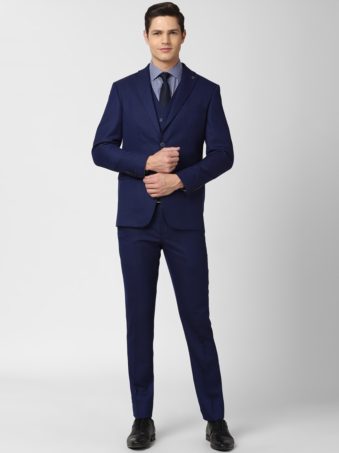

Peter England Elite Men Navy Blue Self-Design Single-Breasted Slim-Fit 3-Piece Formal Suit
