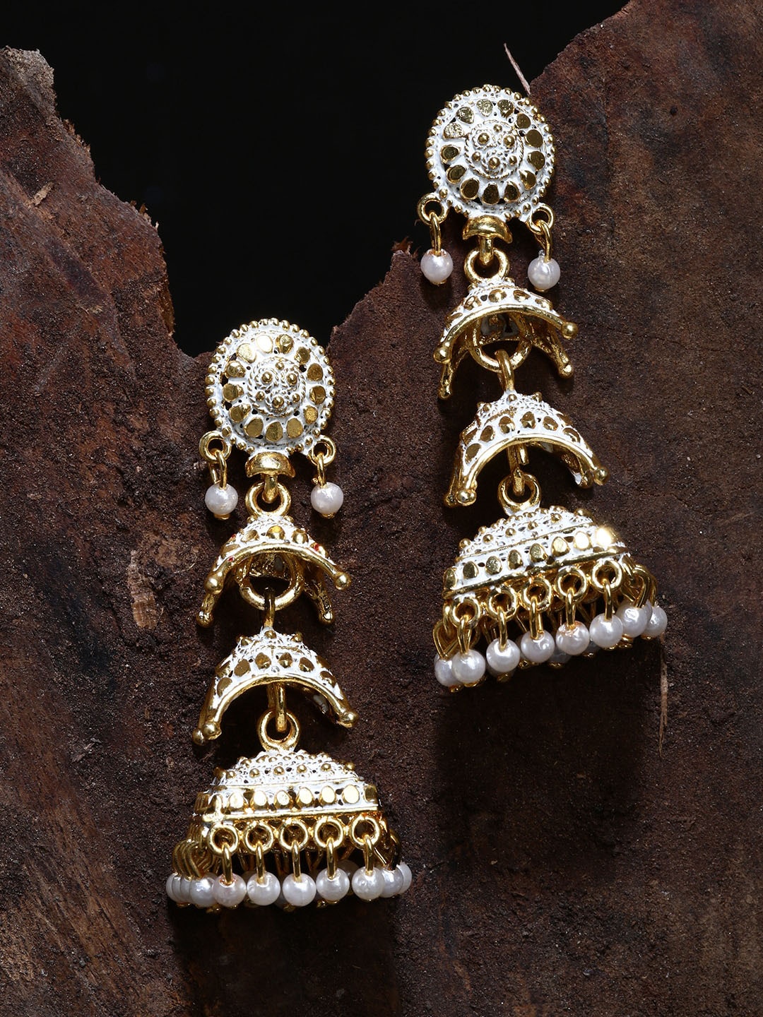 

ANIKAS CREATION White & Gold-Toned & Plated Enamelled Beaded Jhumkas Earrings