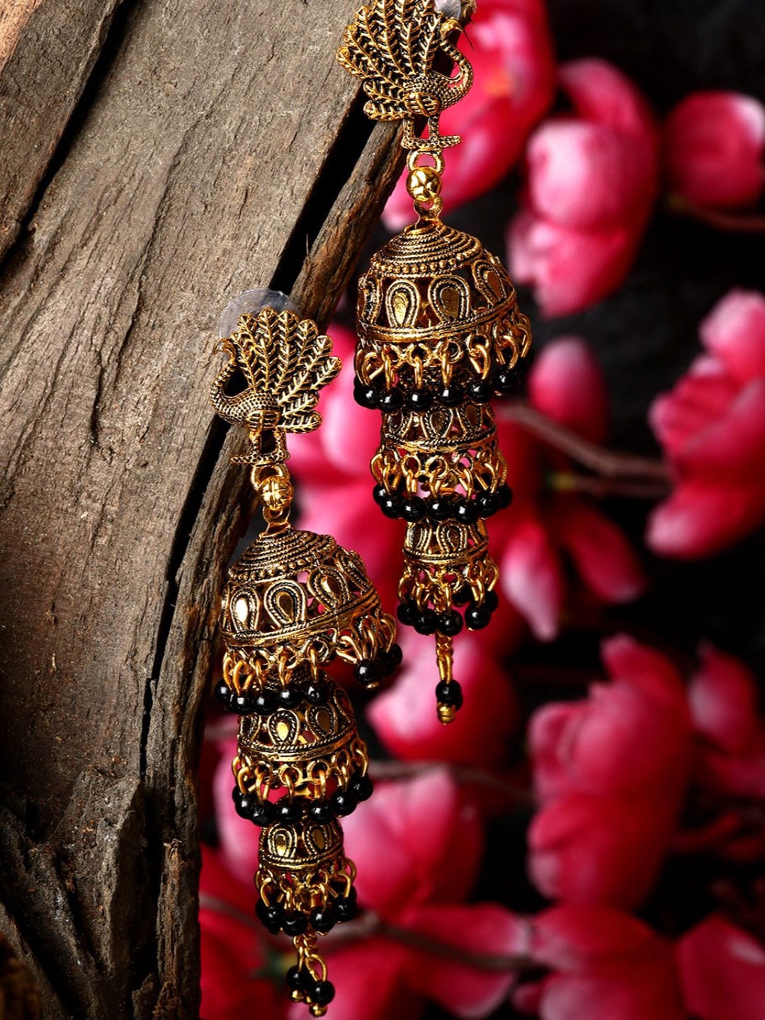 

ANIKAS CREATION Black Gold-Plated Contemporary Jhumkas Earrings