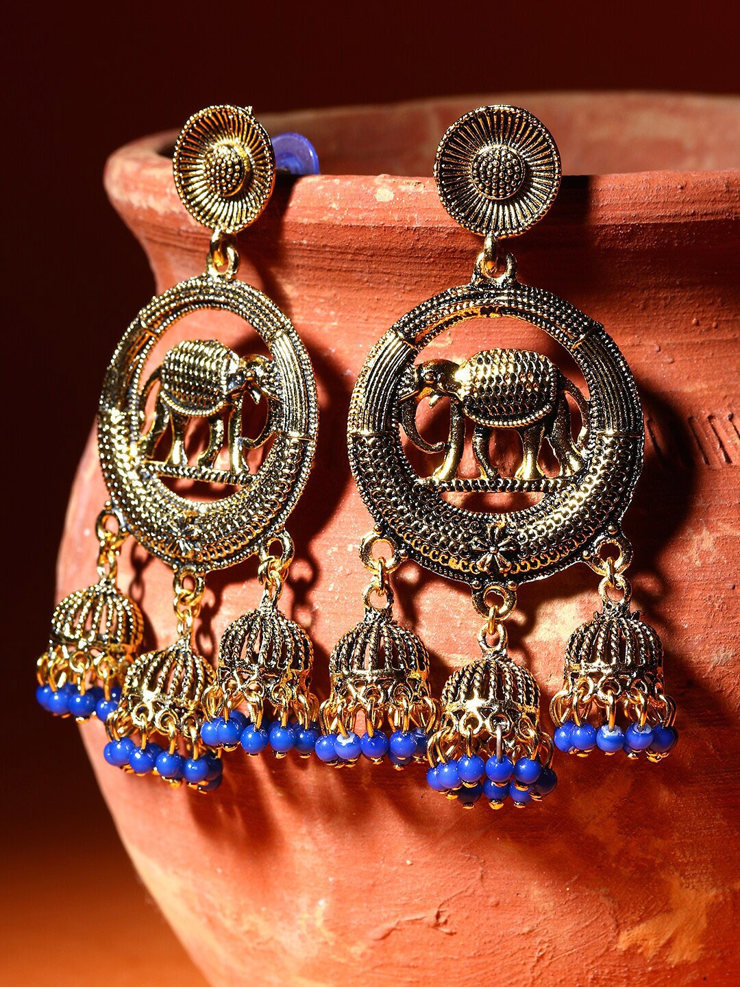 

ANIKAS CREATION Blue & Gold-Toned Contemporary Jhumkas Earrings