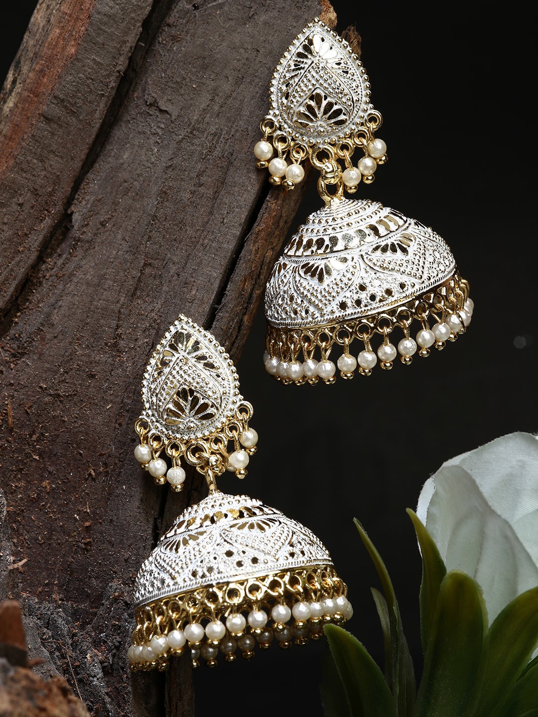 

ANIKAS CREATION White Gold Plated Enamelled Dome Shaped Jhumkas Earrings