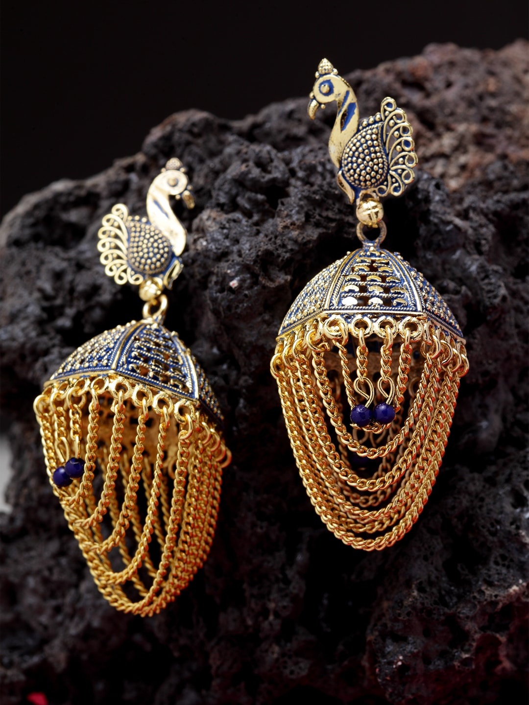 

ANIKAS CREATION Blue & Gold-Toned Peacock Shaped Jhumkas