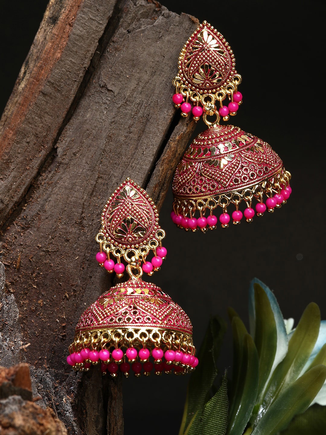 

ANIKAS CREATION Pink Gold Plated Enamelled Dome Shaped Jhumkas Earrings