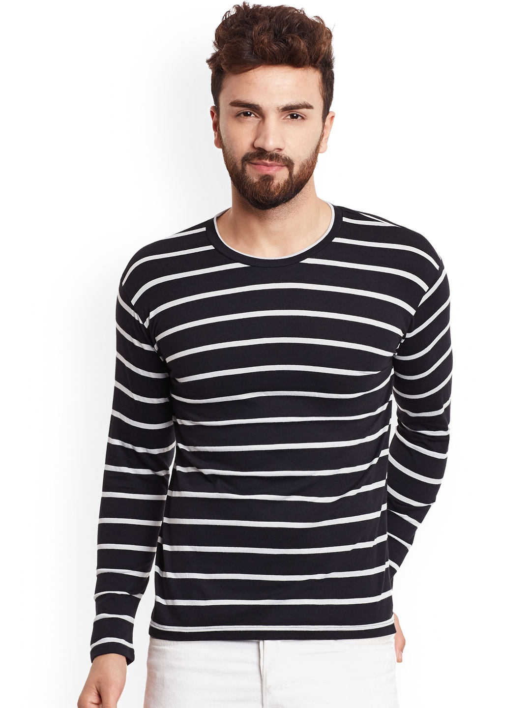 

Hypernation Men Black & White Striped Round Neck T-shirt