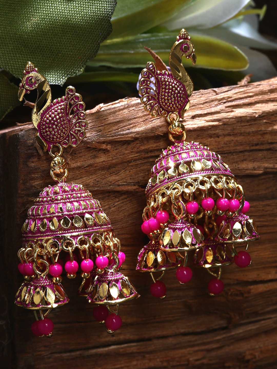 

ANIKAS CREATION Gold-Plated Pink Contemporary Jhumkas