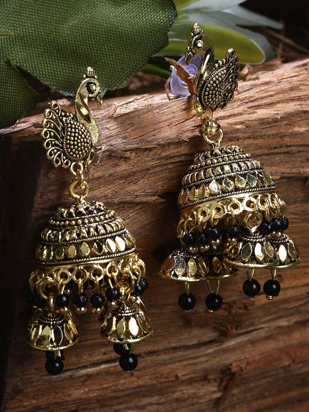 

ANIKAS CREATION Black Peacock Shaped Jhumkas
