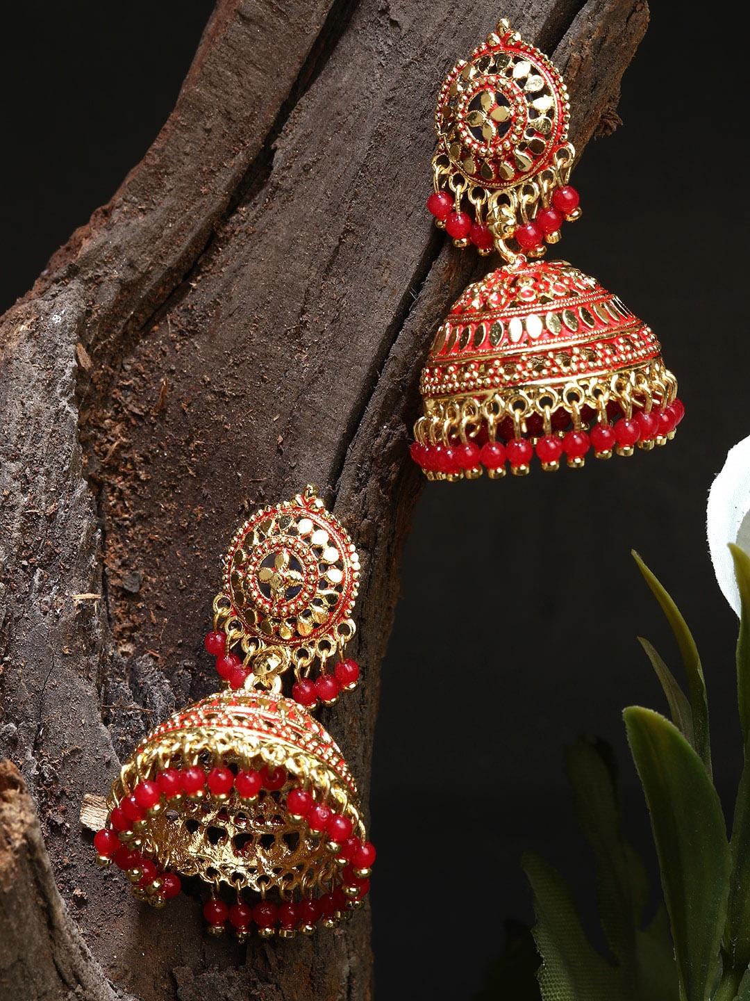 

ANIKAS CREATION Gold-Plated Red Contemporary Jhumkas