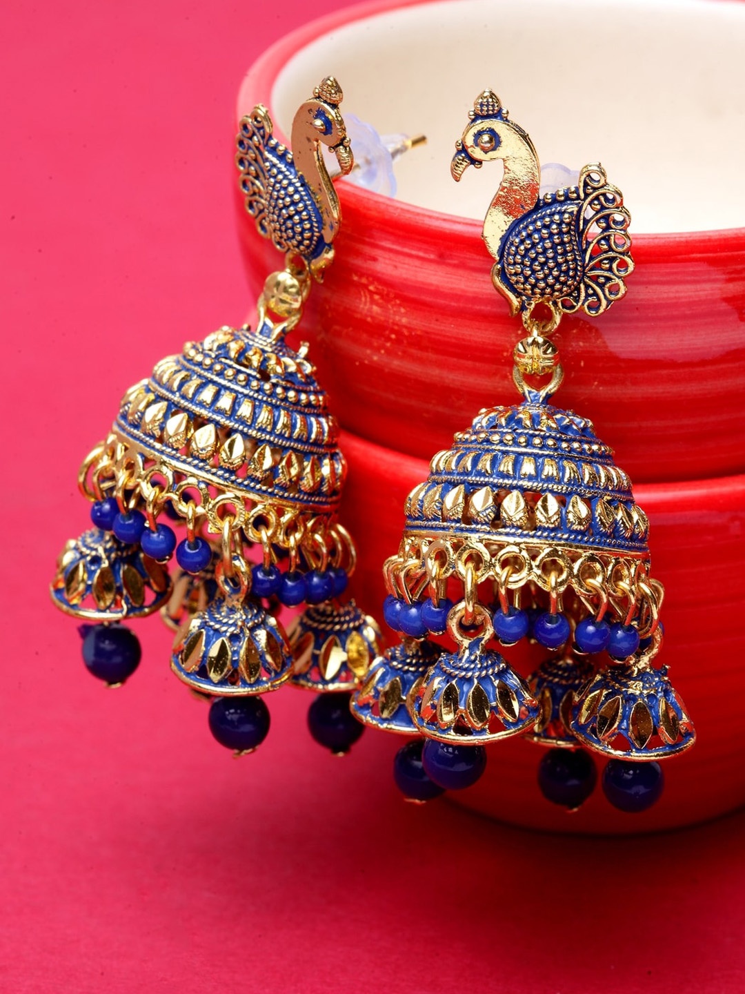 

ANIKAS CREATION Blue & Gold-Toned Peacock Shaped Jhumkas