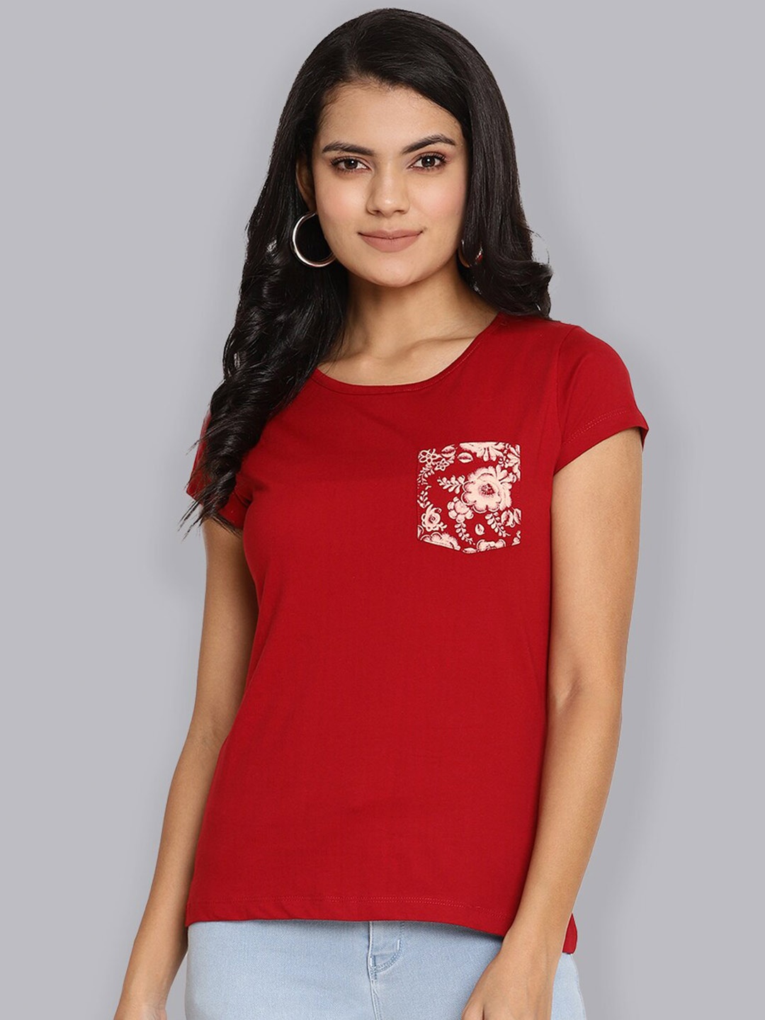 

The Vanca Women Red Solid Extended Sleeves Cotton T-shirt