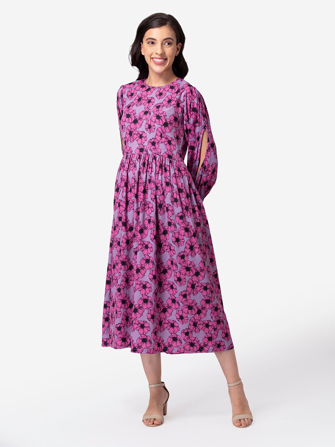 

DEEBACO Purple Floral Printed Fit & Flare Dress