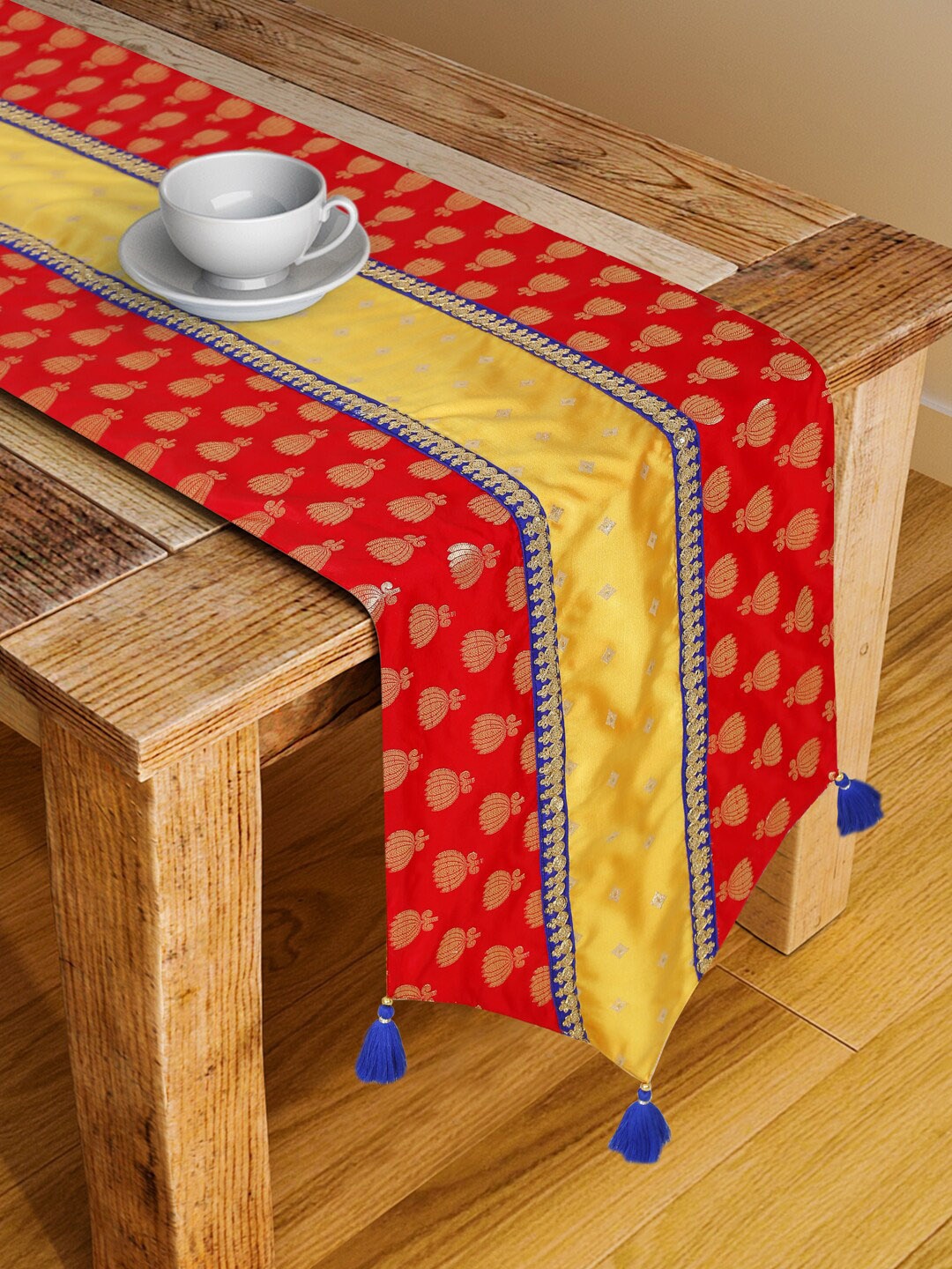 

SAKA DESIGNS Magenta Red & Yellow Ethnic Motifs Printed Jacquard Table Runner
