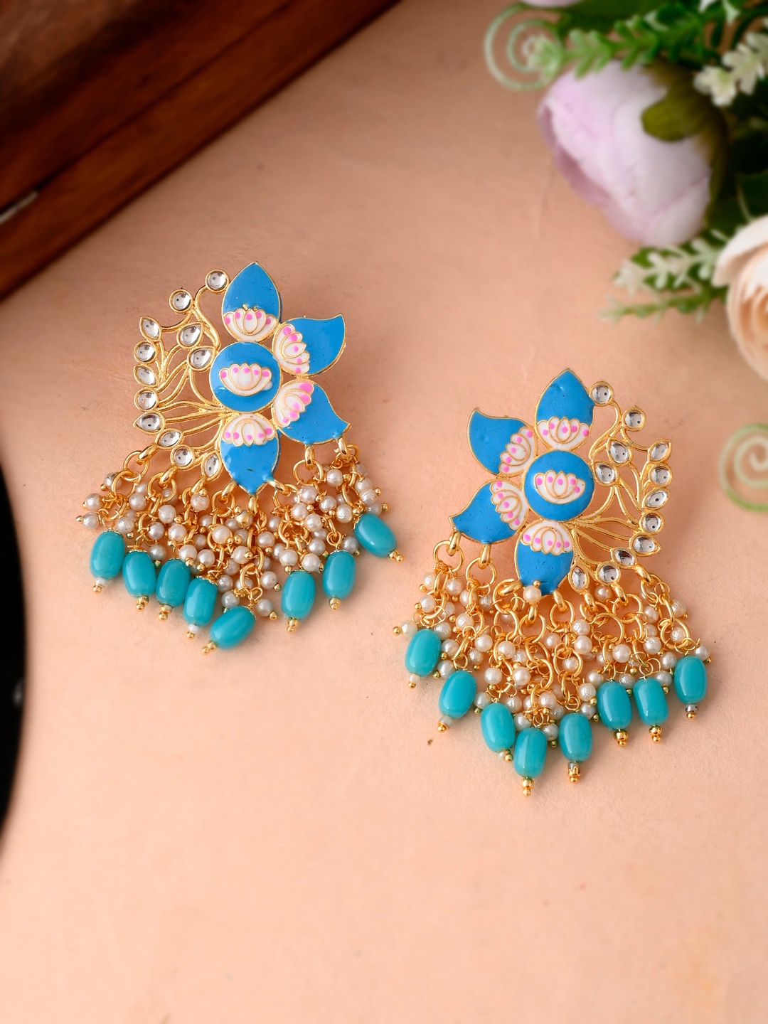 

Silvermerc Designs Blue & Gold-Toned Studded Floral Drop Earrings