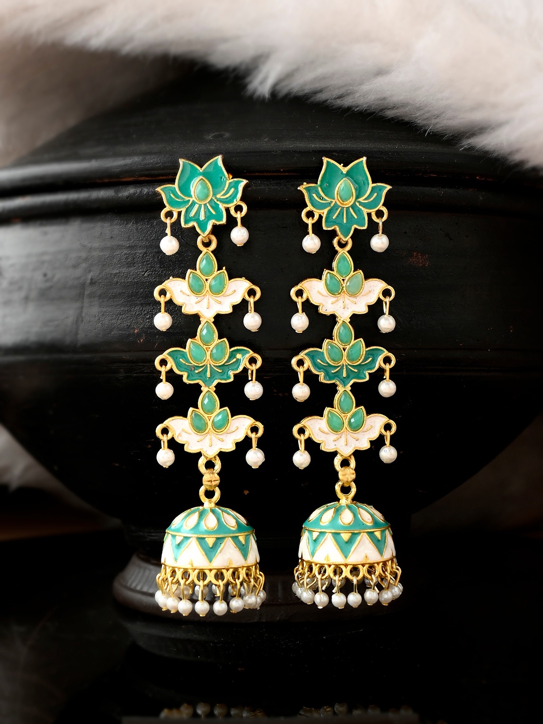 

Silvermerc Designs Green & Gold-Toned Contemporary Jhumkas Earrings