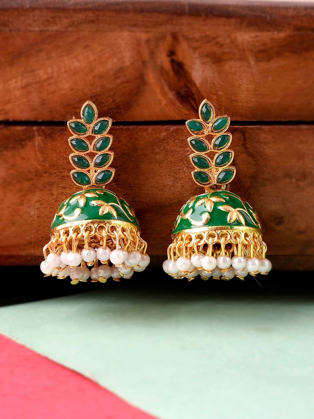 

Silvermerc Designs Green Contemporary Jhumkas Earrings