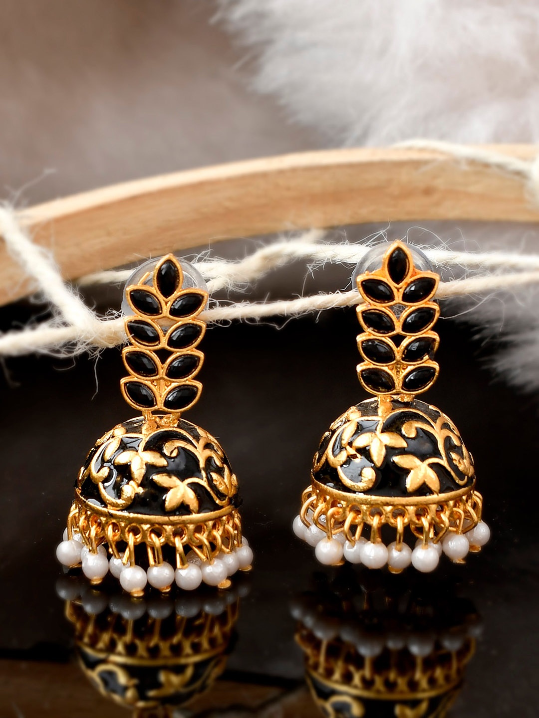 

Silvermerc Designs Black & Gold-Toned Contemporary Jhumkas Earrings