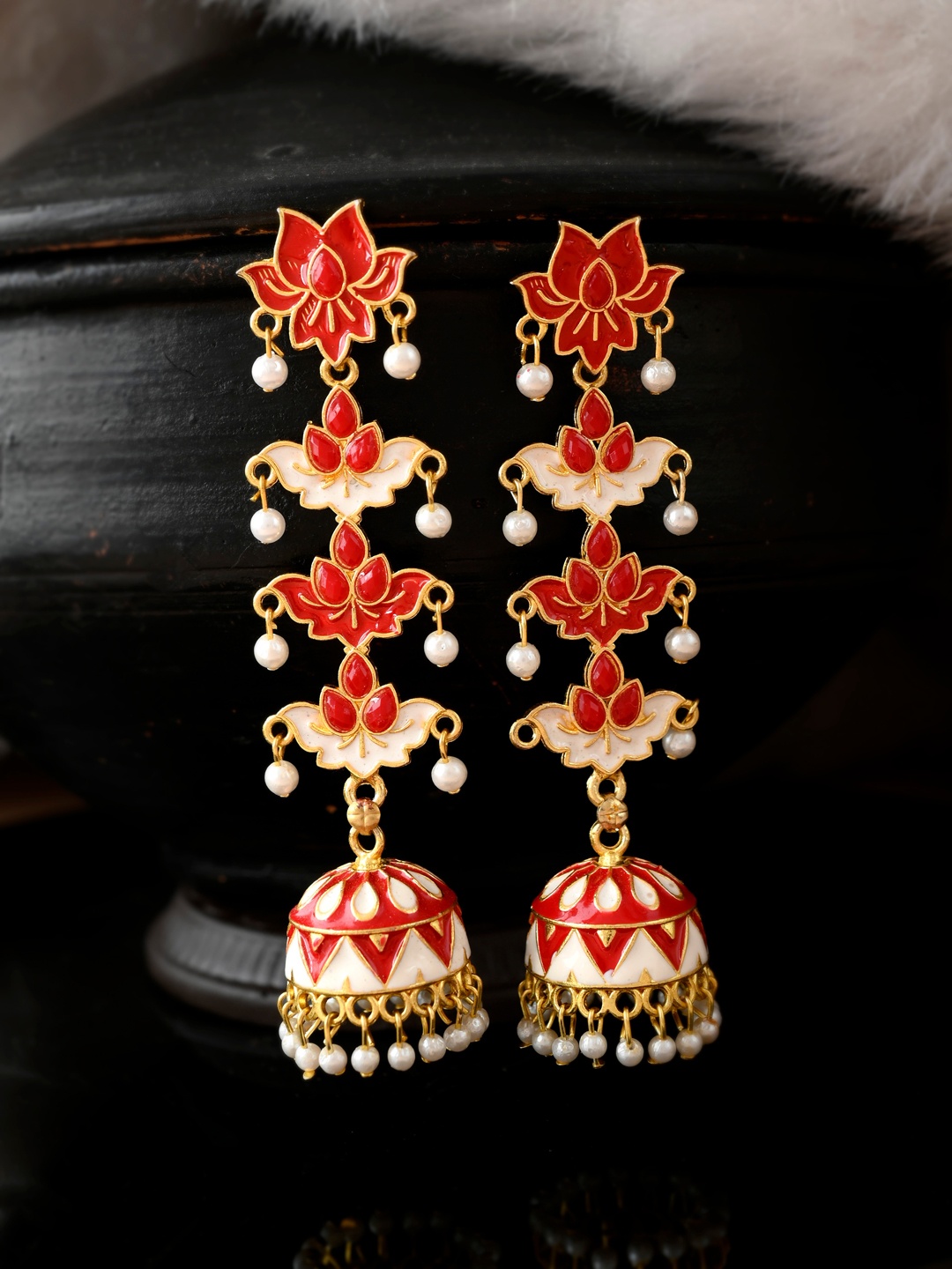 

Silvermerc Designs Red & Gold-Toned Contemporary Jhumkas Earrings