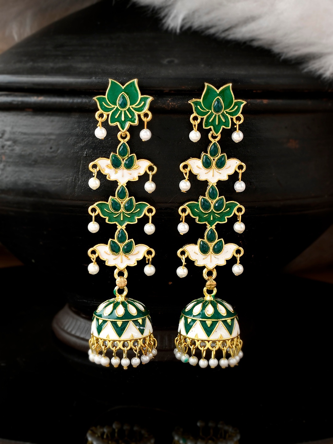 

Silvermerc Designs Women Green & Gold-Toned Dome Shaped Jhumkas