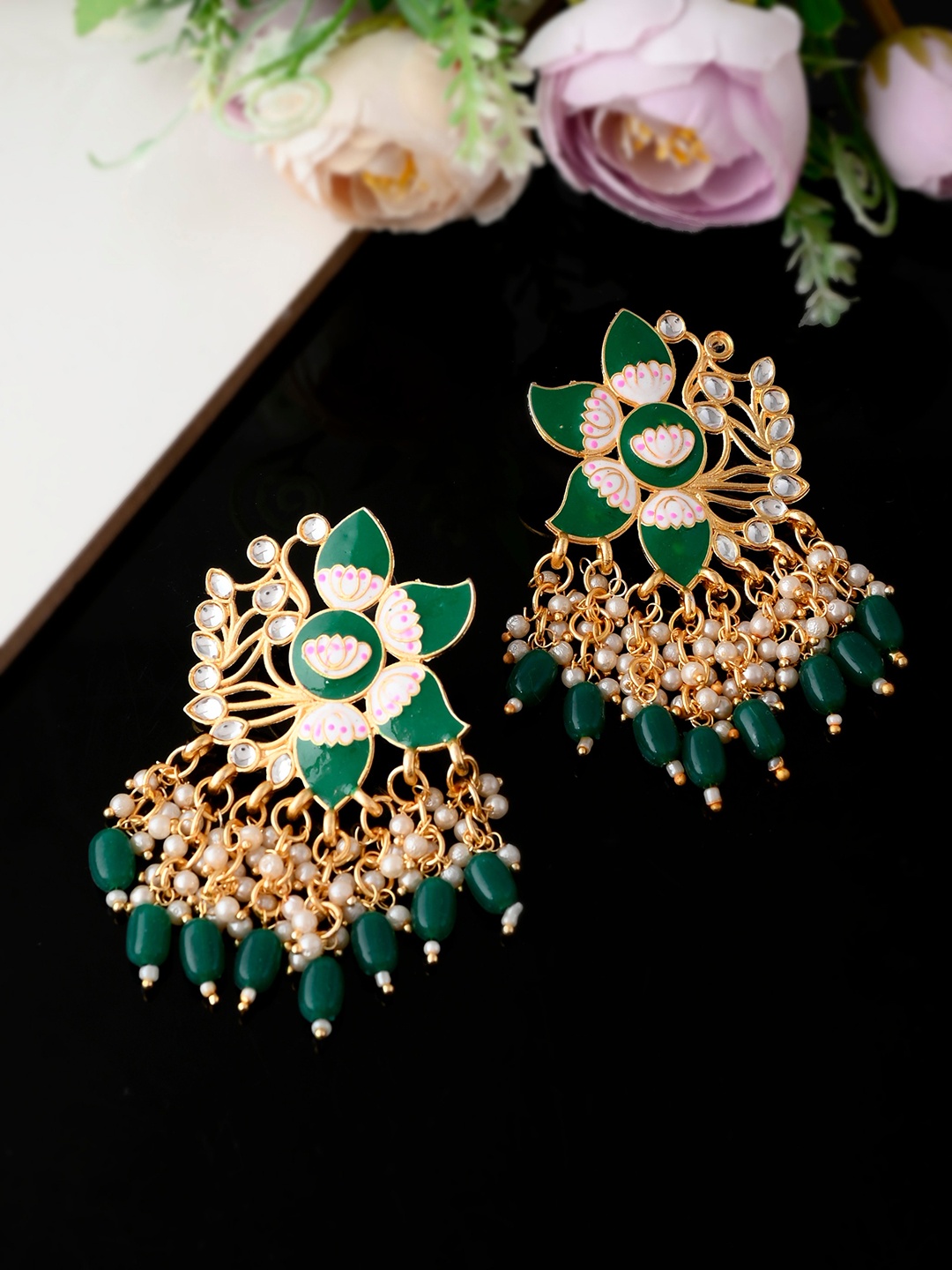 

Silvermerc Designs Green & Gold Plated Contemporary Drop Earrings