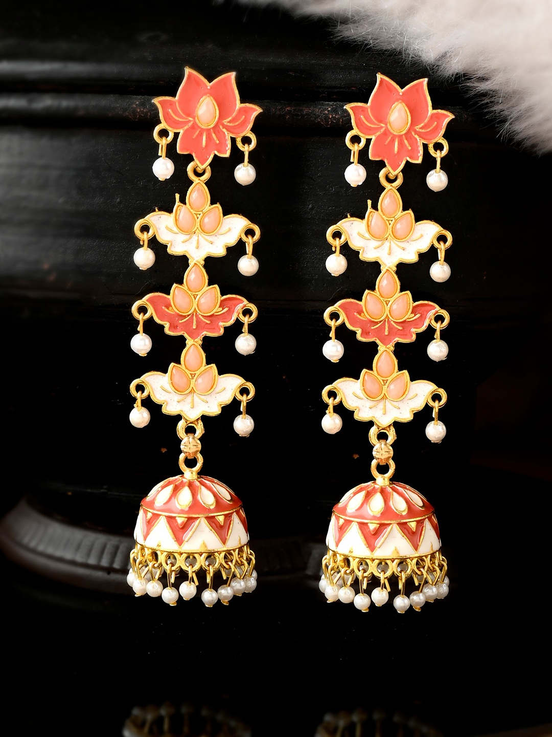 

Silvermerc Designs Orange & Gold-Toned Contemporary Jhumkas Earrings