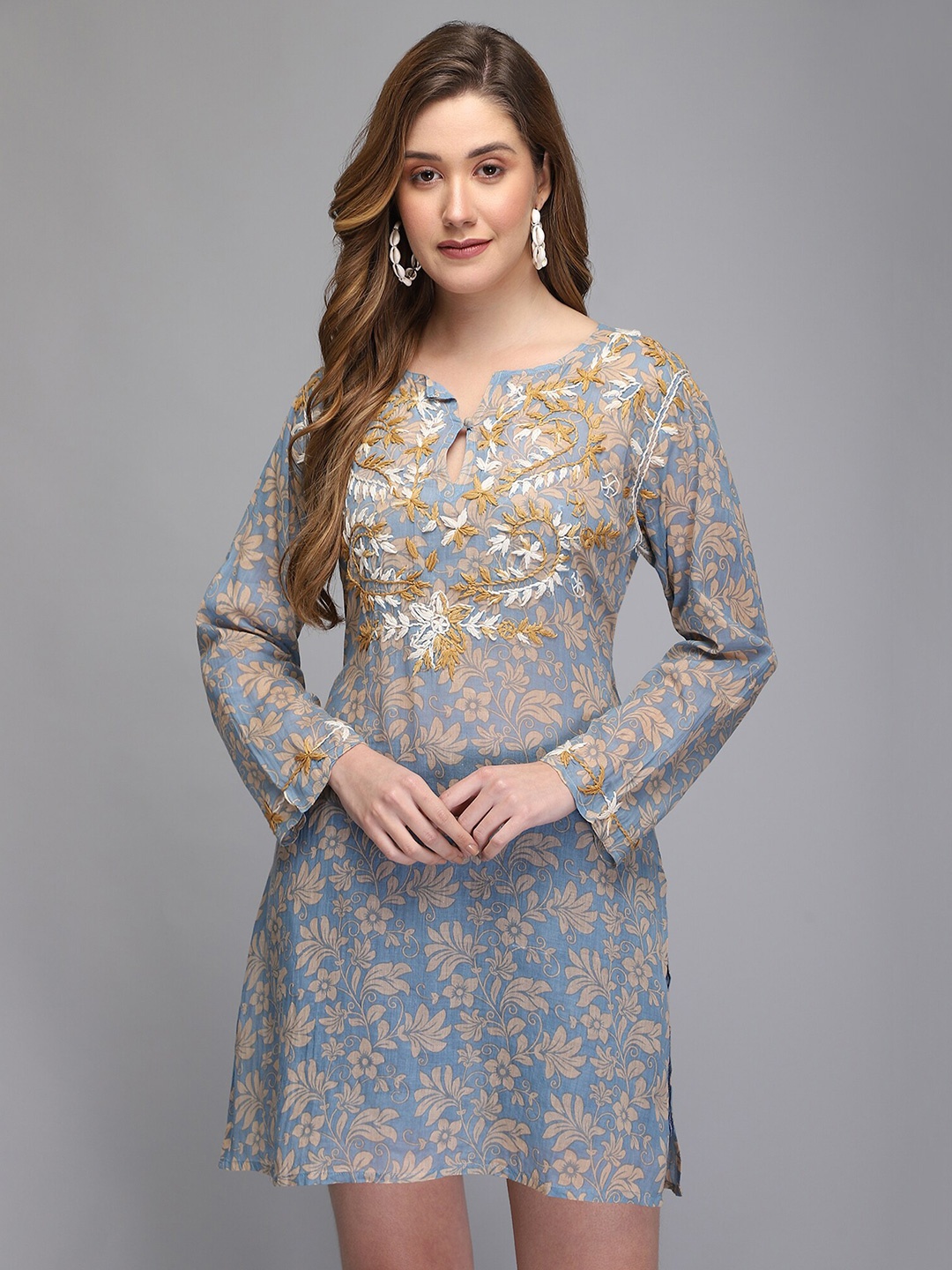 

Aditi Wasan Blue & Beige Floral Print And Hand Embroidered Cotton Tunic
