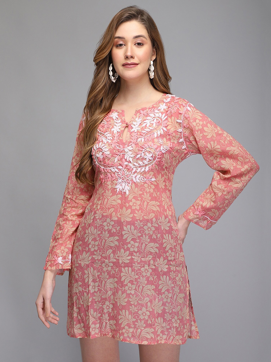 

Aditi Wasan Women Pink & Beige Floral Embroidered Cotton Tunics