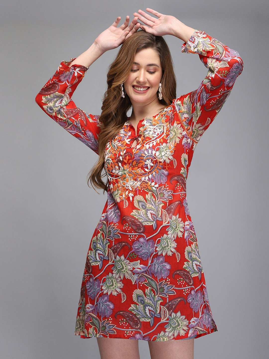 

Aditi Wasan Red & Green Printed & Embroidered Cotton Tunic
