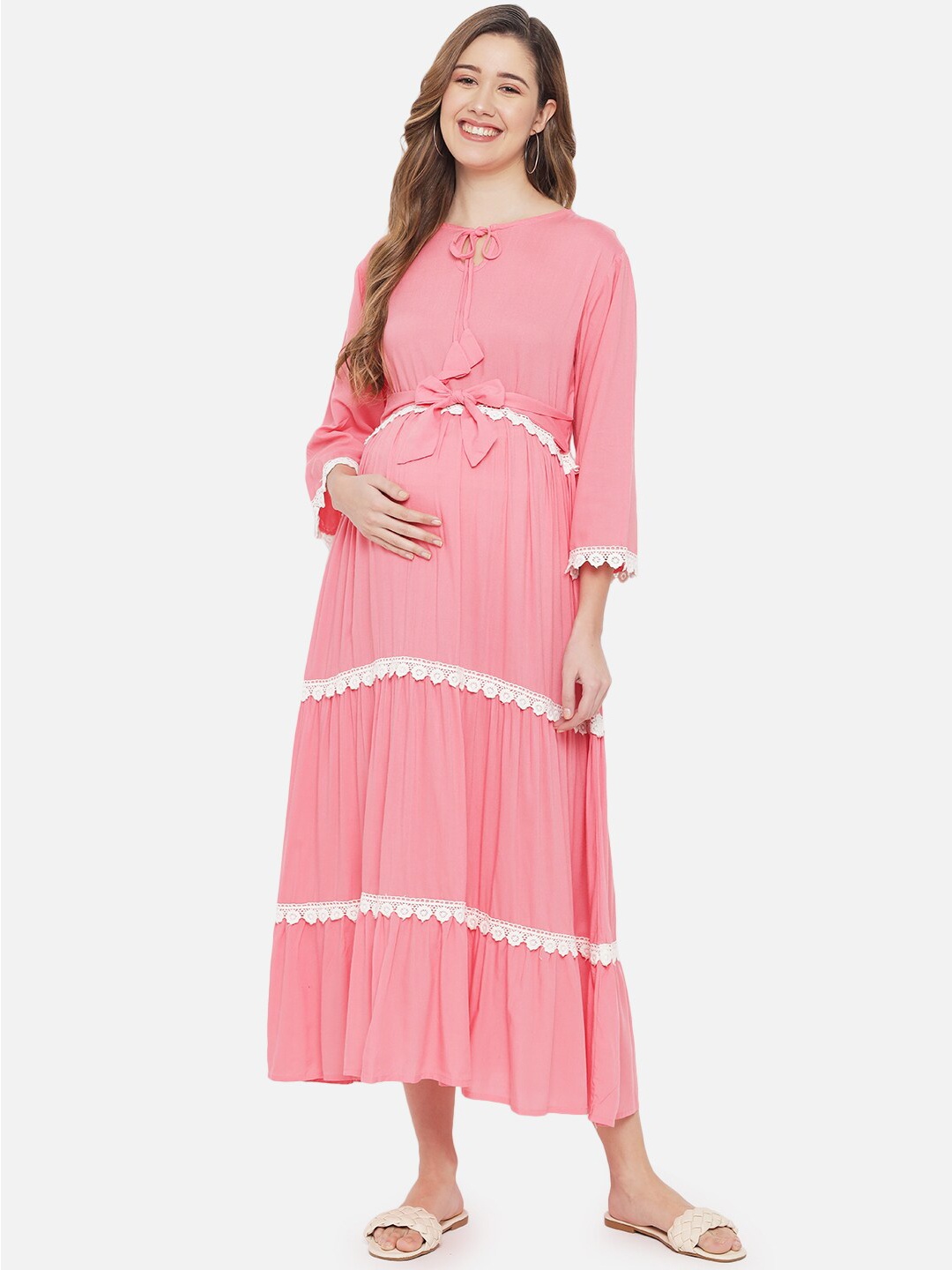 

The Dry State Maternity Pink Tie-Up Neck Maxi Dress