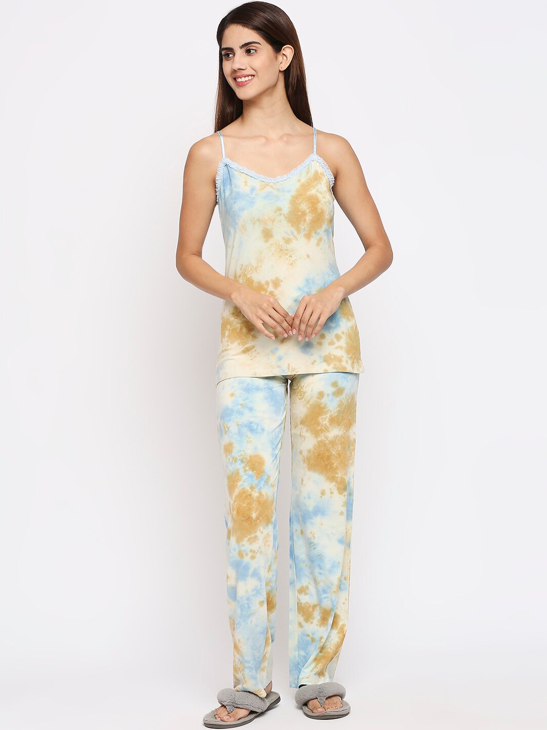 

effy Women Blue & Mustard Tie & Dye Printed Night suit