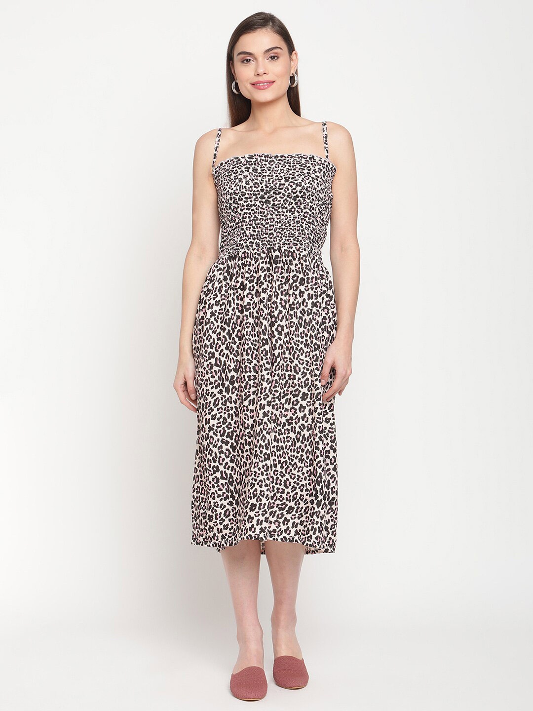 

TAG 7 Women Black & Off White Animal Printed A-Line Midi Dress