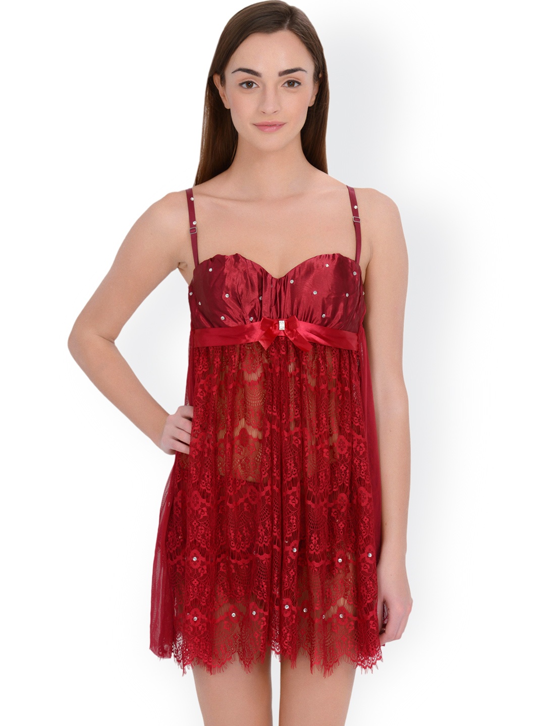 

Da Intimo Maroon Embellished Lace Baby-Doll DIB-75