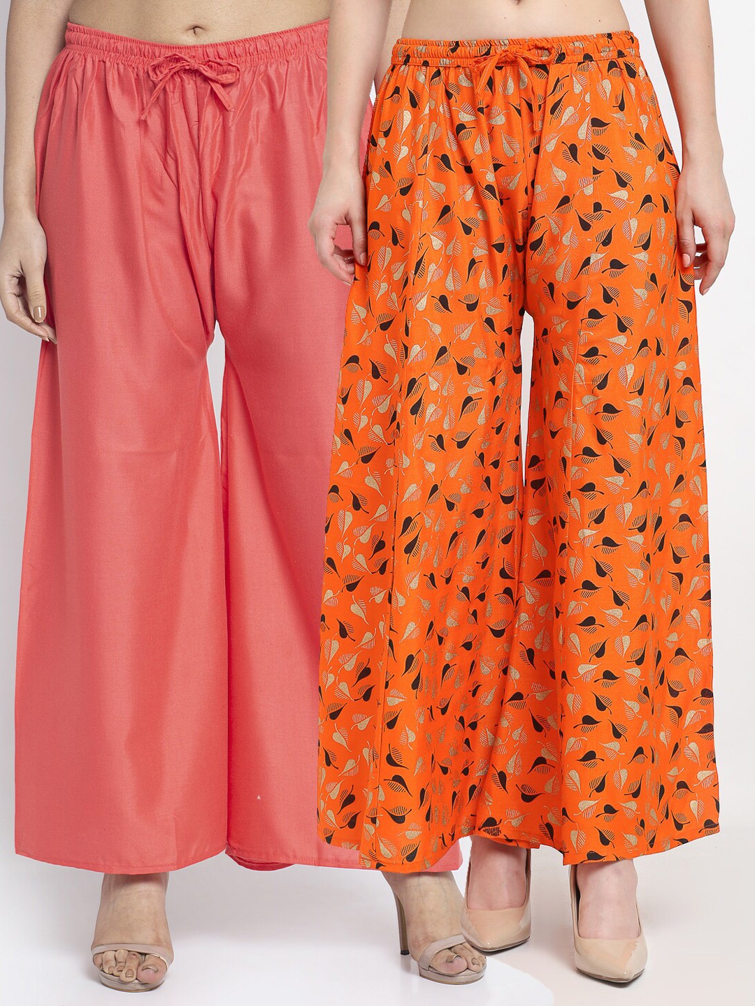 

GRACIT Women Pack of 2 Orange & Red Printed Flared Knitted Ethnic Palazzos