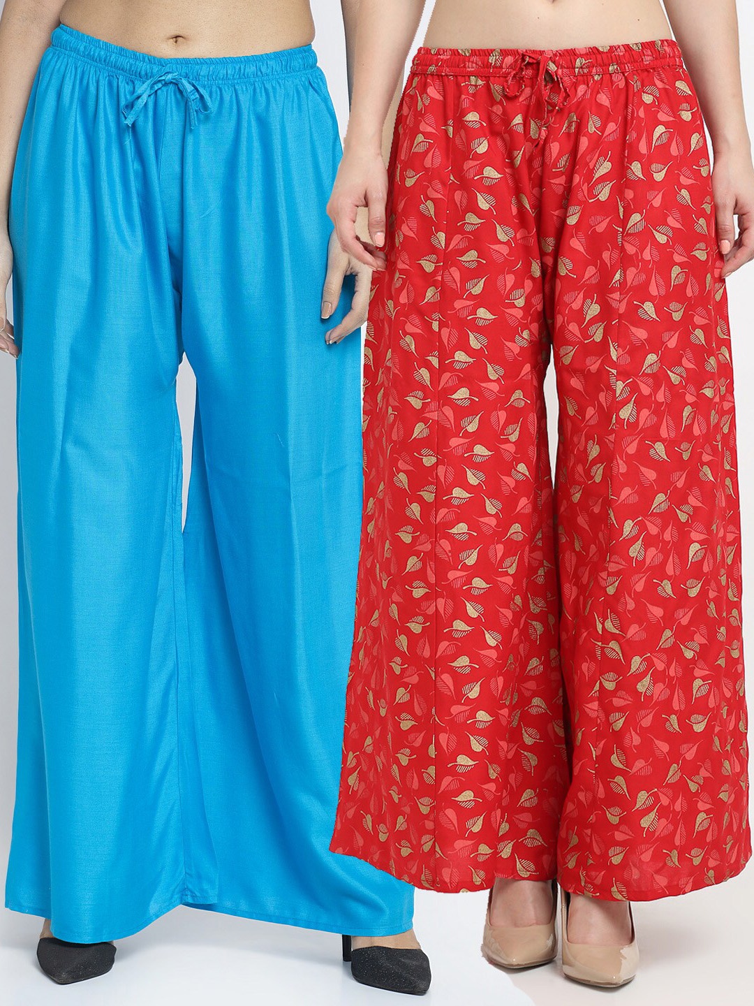 

GRACIT Women Pack of 2 Blue & Red Printed Flared Knitted Ethnic Palazzos