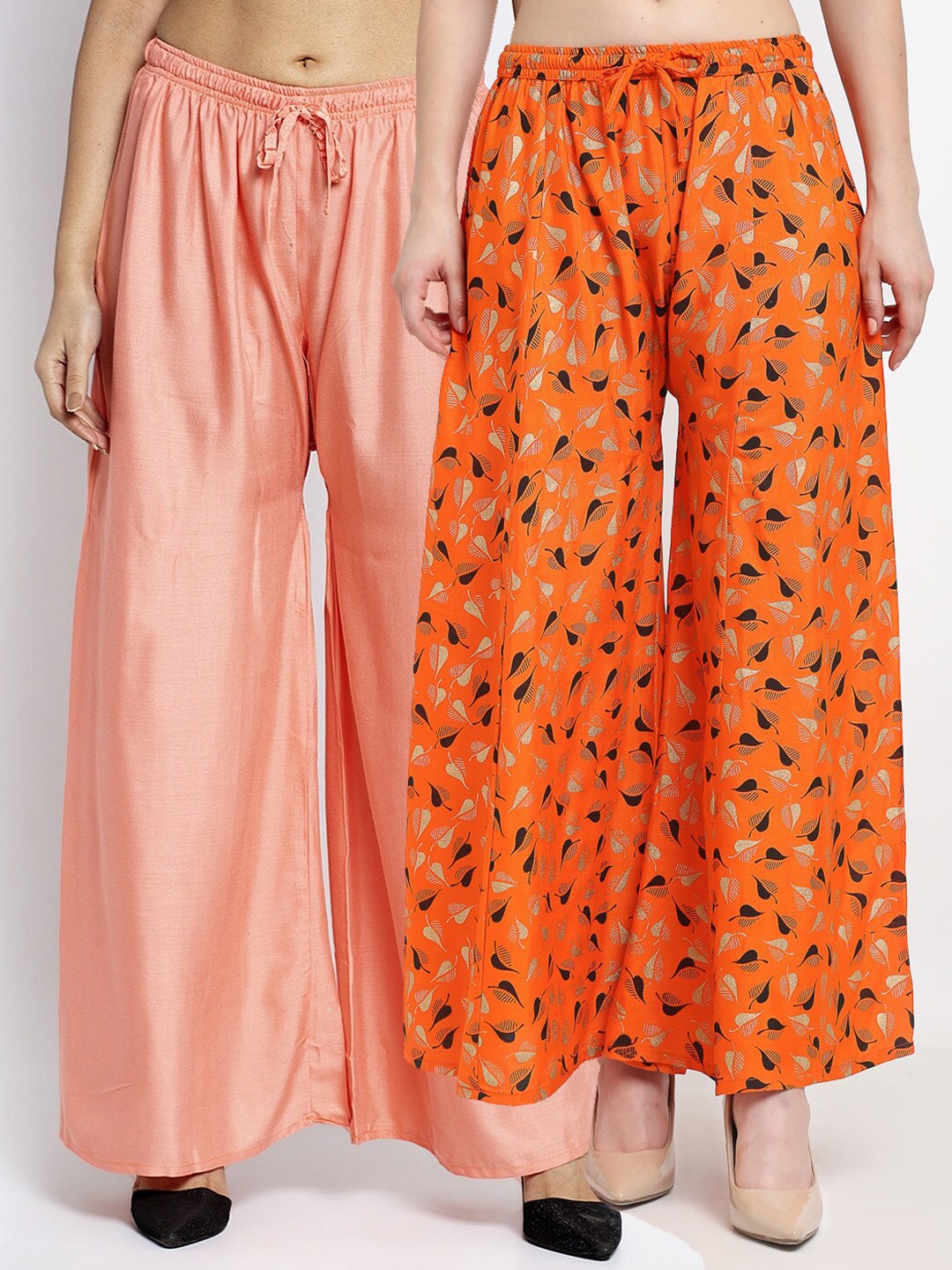

GRACIT Women Peach & Orange Set Of 2 Solid & Printed Flared Fit Palazzos