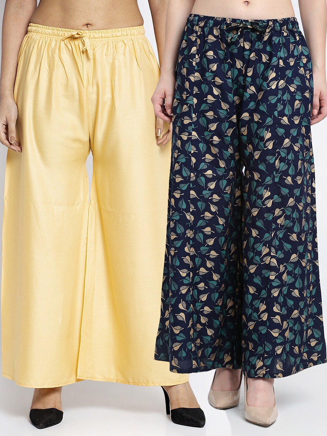 

GRACIT Women Yellow & Navy Blue Set Of 2 Floral Printed Flared Ethnic Palazzos