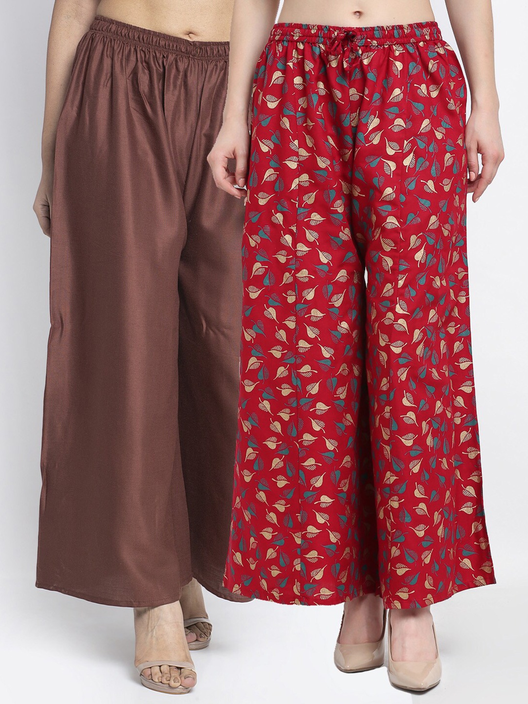 

GRACIT Women Brown & Red Set Of 2 Solid & Printed Straight Fit Palazzos