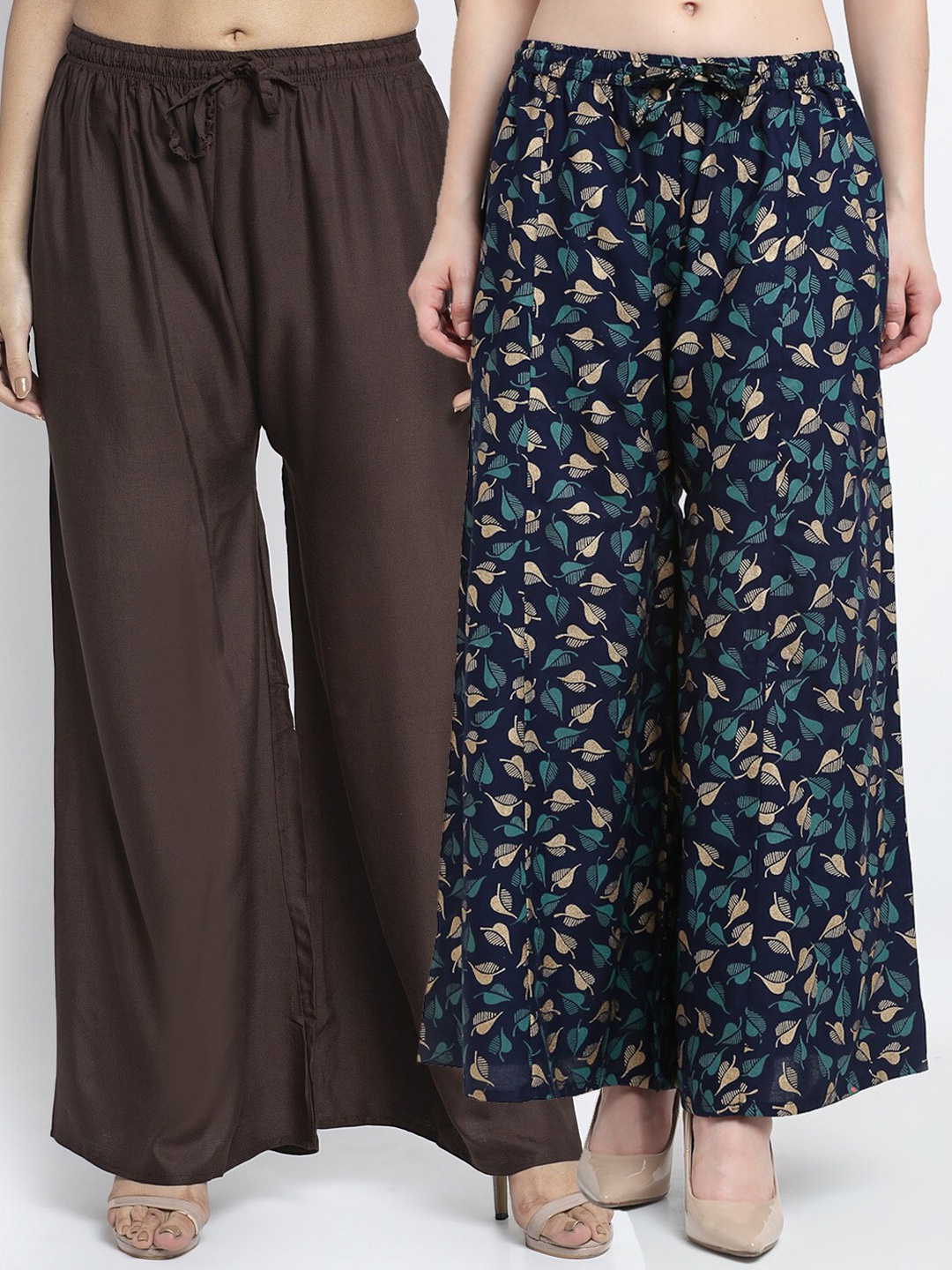 

GRACIT Women Coffee Brown & Navy Blue Set of 2 Floral Printed Flared Ethnic Palazzos