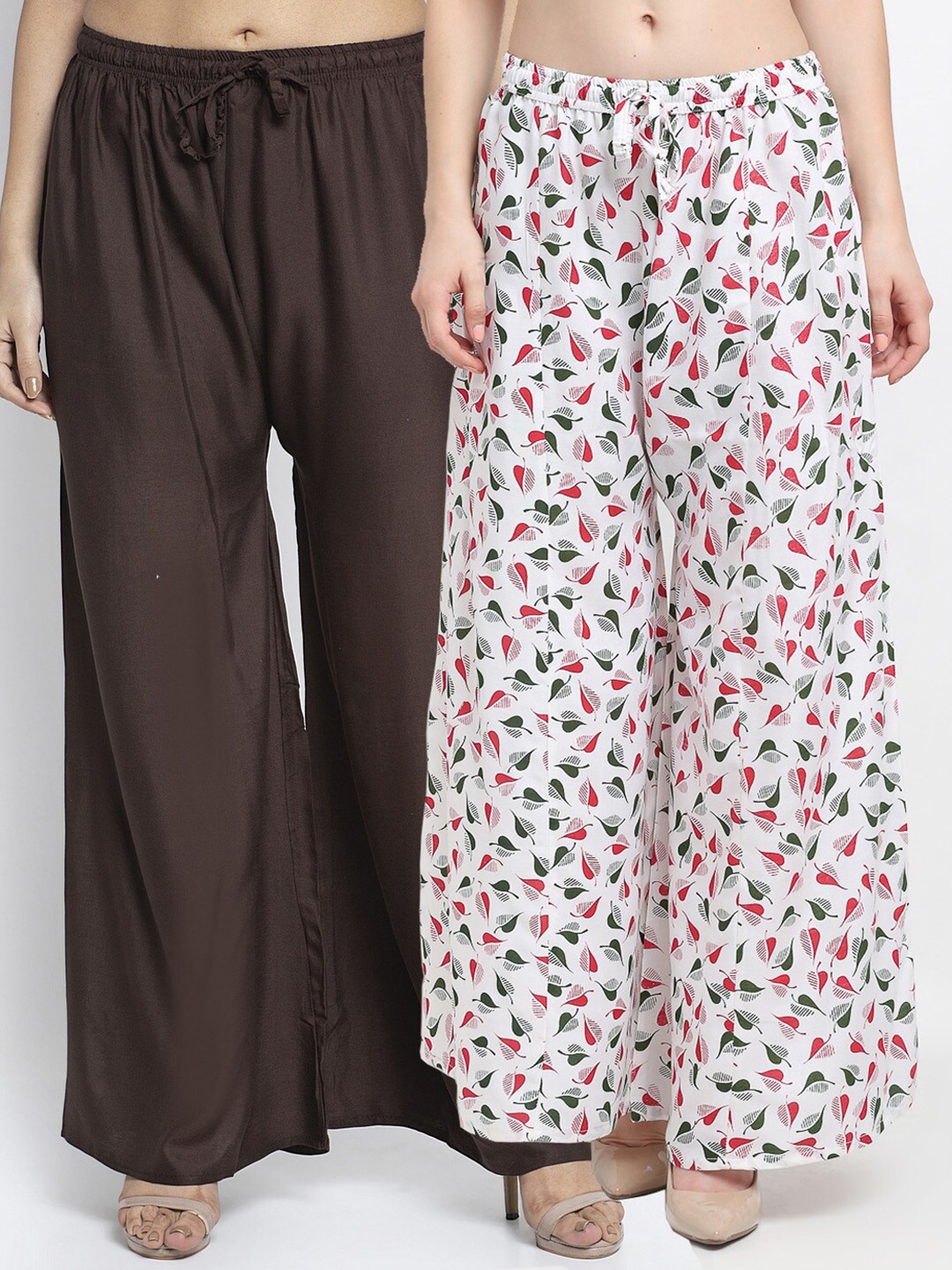 

GRACIT Women Brown & White Set Of 2 Solid & Printed Straight Fit Palazzos