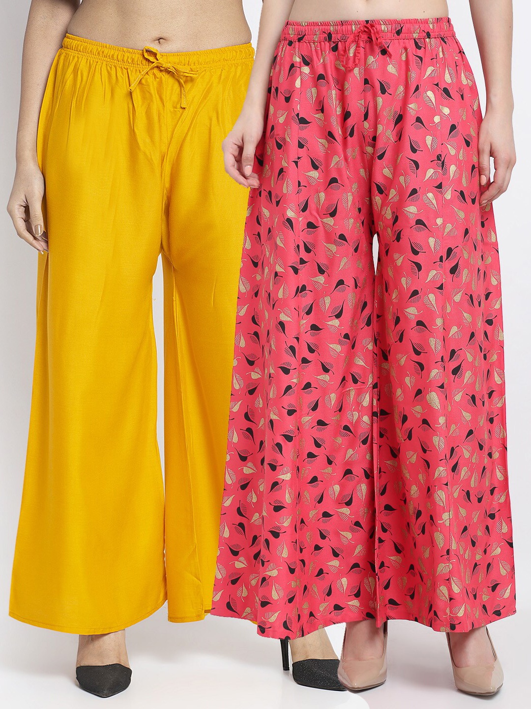 GRACIT Women Yellow & Pink Pack of 2 Printed Flared Knitted Ethnic Palazzos