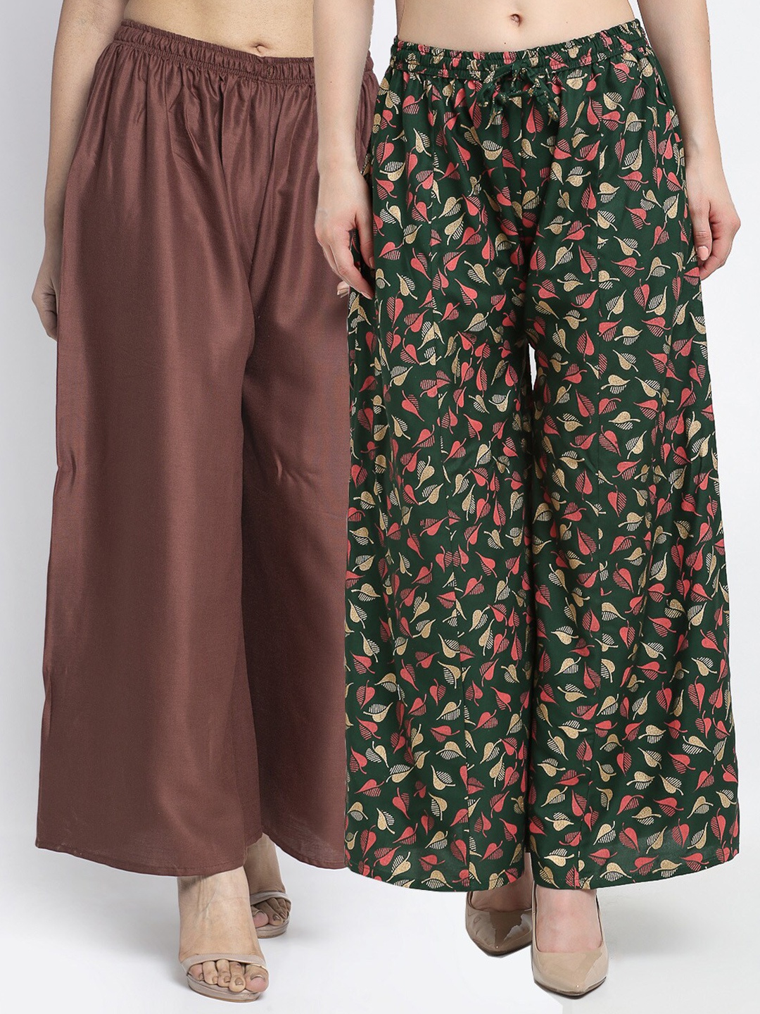 

GRACIT Women Brown & Green Set Of 2 Solid & Printed Straight Fit Palazzos