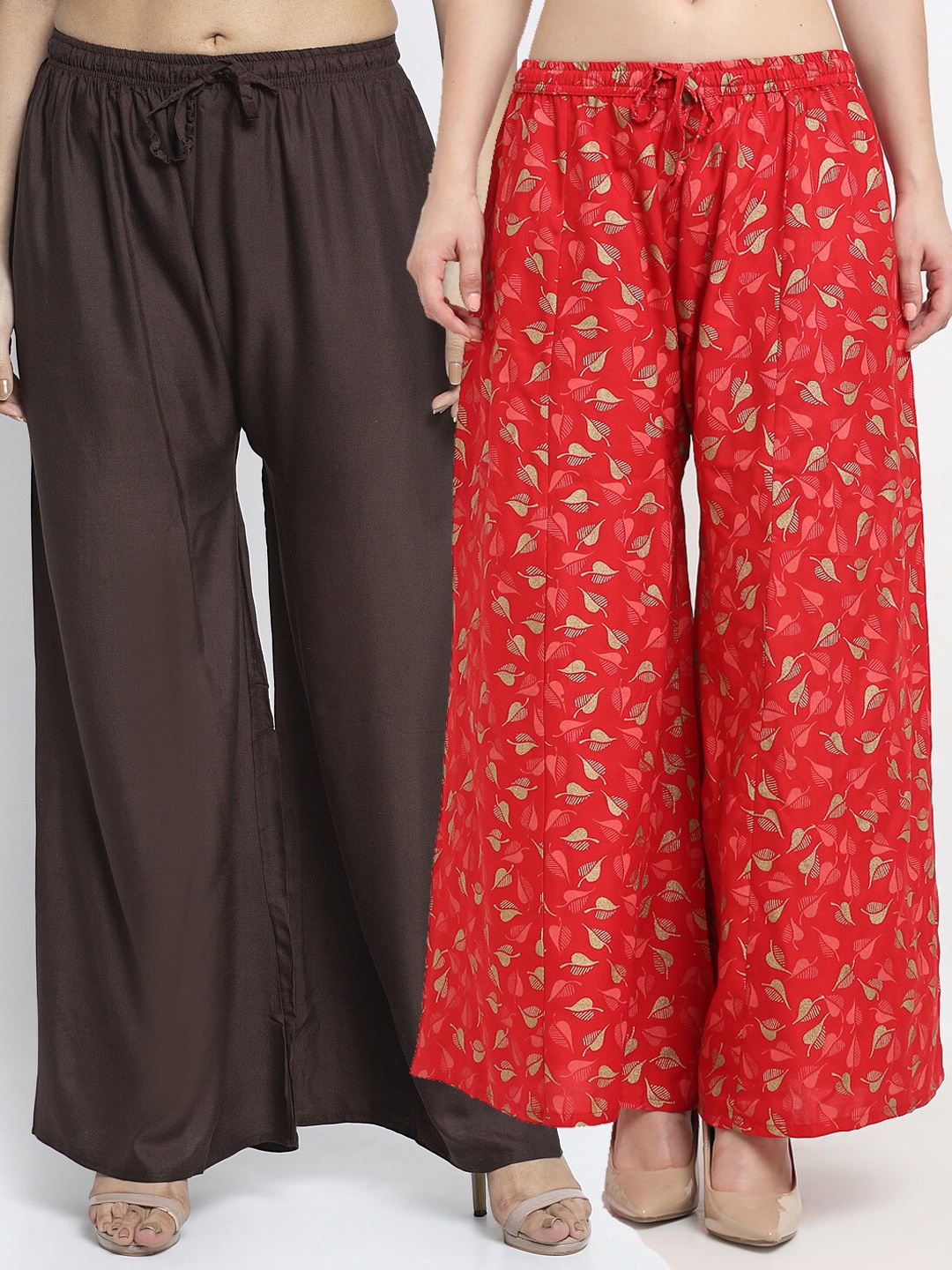 

GRACIT Women Brown & Red Set Of 2 Solid & Printed Straight Fit Palazzos