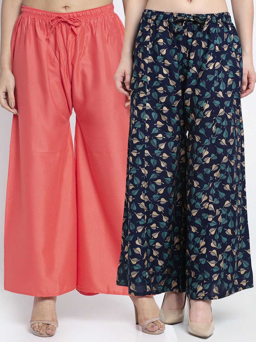 

GRACIT Women Orange & Navy Blue Set Of 2 Solid & Printed Flared Fit Palazzos