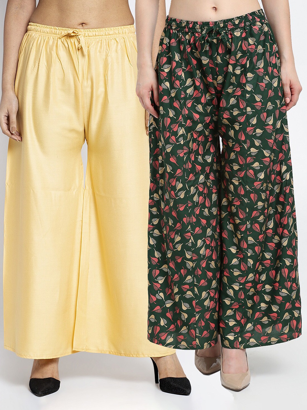 

GRACIT Women Cream-Coloured & Green Pack of 2 Printed Flared Knitted Ethnic Palazzos